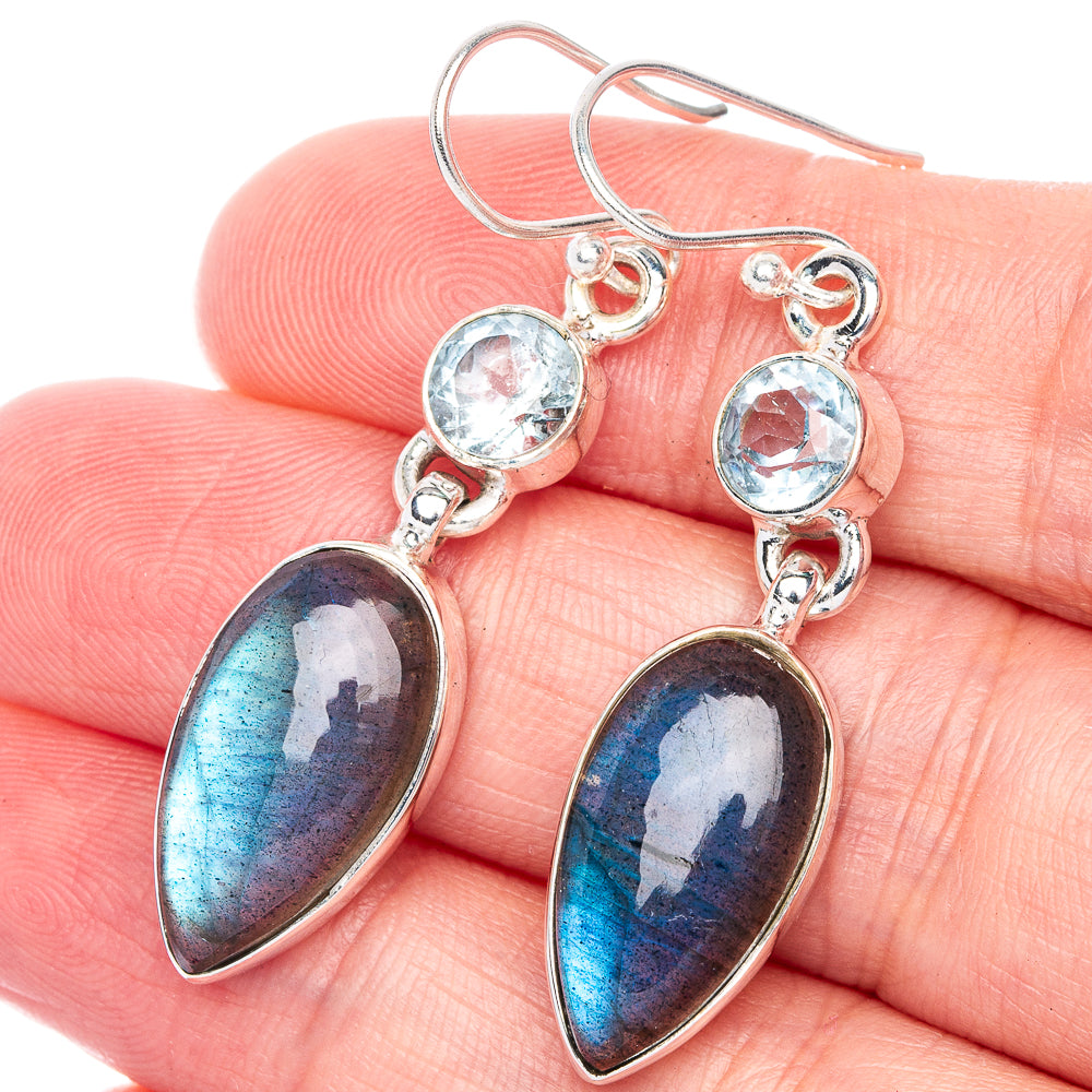 925 sterling silver drop earrings with round blue topaz and oval labradorite stones