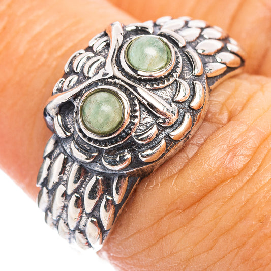 Sterling silver owl dainty ring with two round green cabochon stones