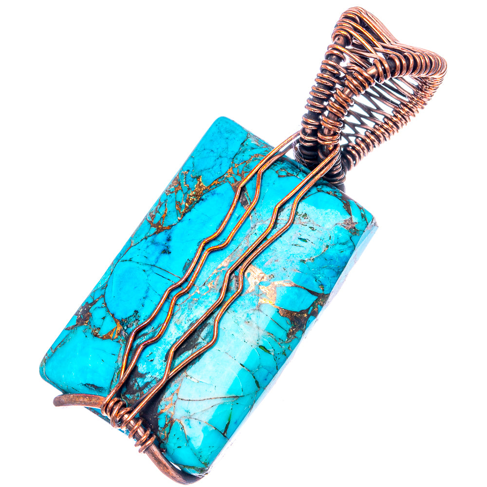 Turquoise tree-of-life pendant with oxidized copper wire wrap and rectangular stone