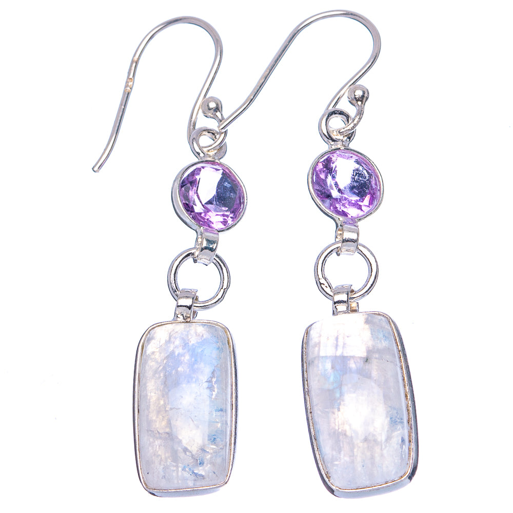 Rainbow Moonstone, Blue Topaz Earrings 1 7/8" (.925 Sterling Silver)