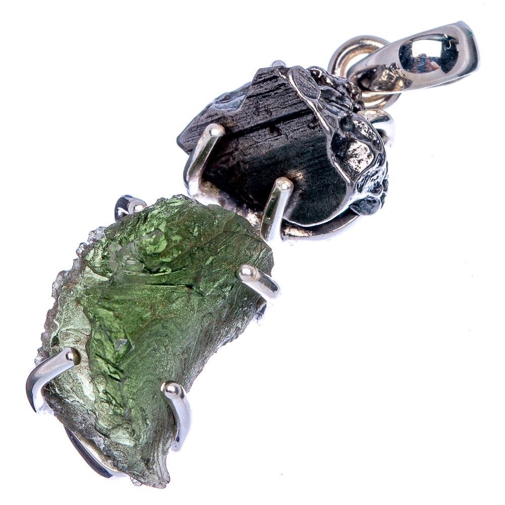Sterling silver pendant with rough dark and bright green tektite pieces