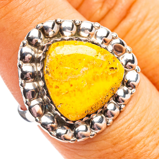 Sterling silver ring with yellow marbled jasper cabochon and scalloped bezel