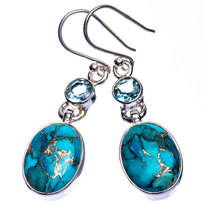 Blue Copper Composite Turquoise, Blue Topaz Earrings 1 5/8" (925 Sterling Silver) E432537