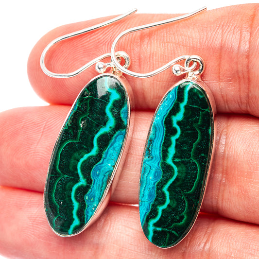 Sterling silver dangle earrings with oval green and turquoise chrysocolla-like stone