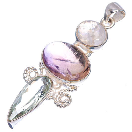 Sterling silver pendant with oval amethyst, round moonstone, leaf drop and teardrop gemstone
