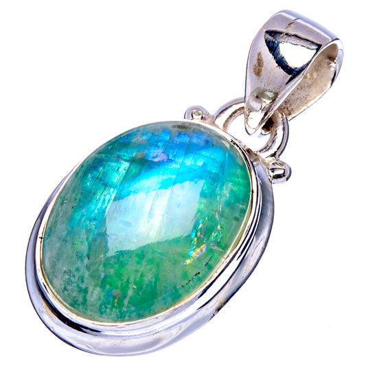 Oval green-blue moonstone pendant with .925 sterling silver frame and top bail