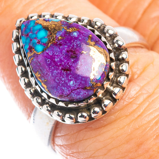 Purple and blue turquoise oval ring with beaded sterling silver bezel, size 7