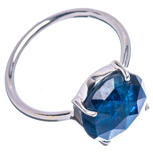 Sterling silver open band ring with faceted blue kyanite round stone and prongs