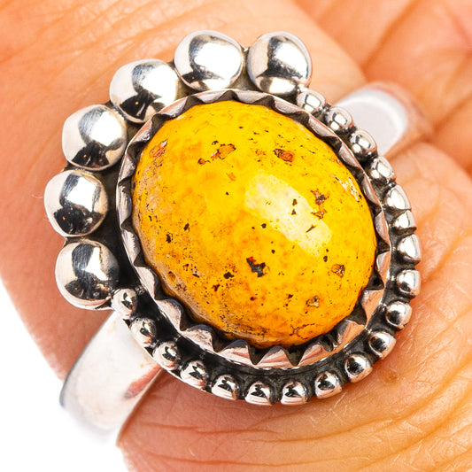 Sterling silver ring with round yellow speckled jasper center and beaded bezel