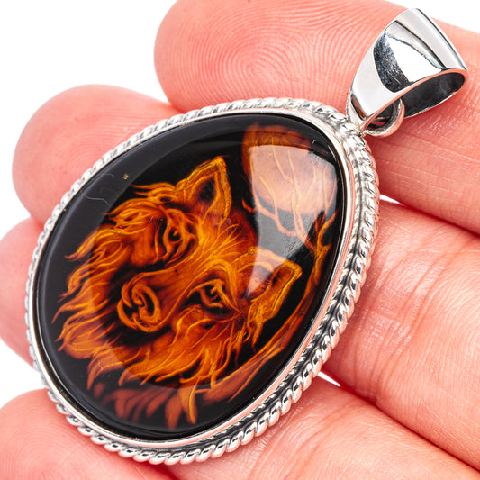 Amber Intaglio Wolf Dog Pendant 2" (925 Sterling Silver) P42576