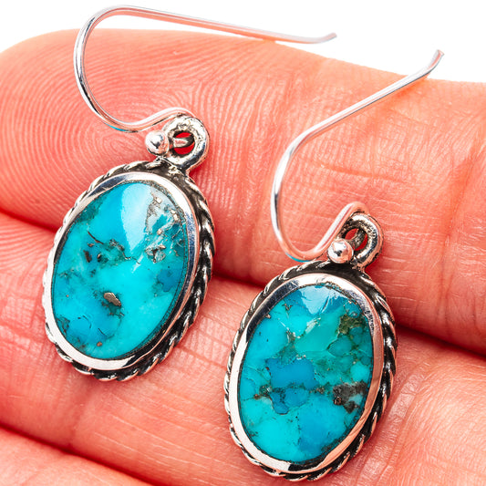 Turquoise oval cabochon drop earrings in .925 sterling silver with scalloped bezel