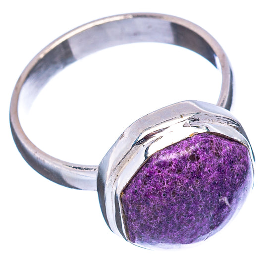 Sterling silver ring with purple purpurite oval cabochon, open band profile
