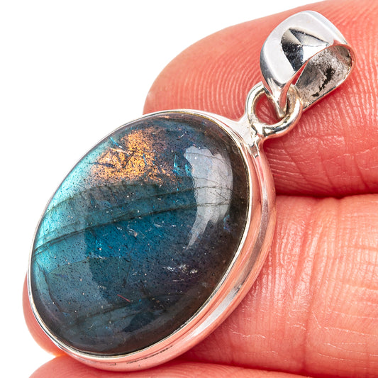 Labradorite pendant in .925 sterling silver, oval blue-green stone with polished bezel