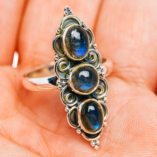 Boho sterling silver labradorite ring with three stacked oval stones and scrollwork