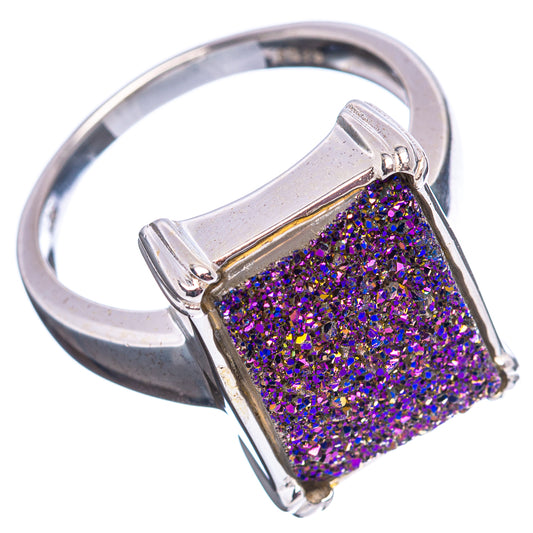 Silver square druzy ring with purple glitter stone in prong setting