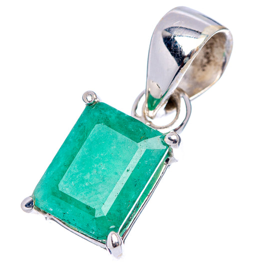 Emerald and sterling silver rectangular pendant with loop bail and prong setting