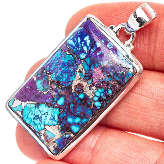 Sterling silver pendant with purple, turquoise and copper mosaic in rectangular bezel