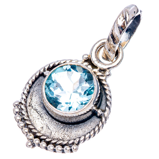 925 sterling silver blue topaz pendant with round gemstone, scalloped border and bail