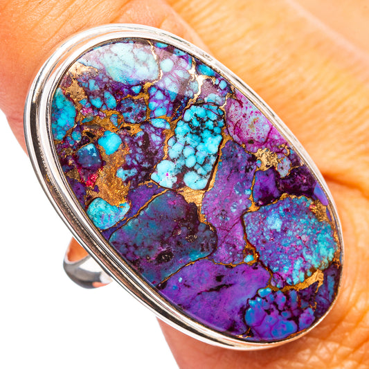 Oval sterling silver ring with purple, turquoise and gold inlay gemstone