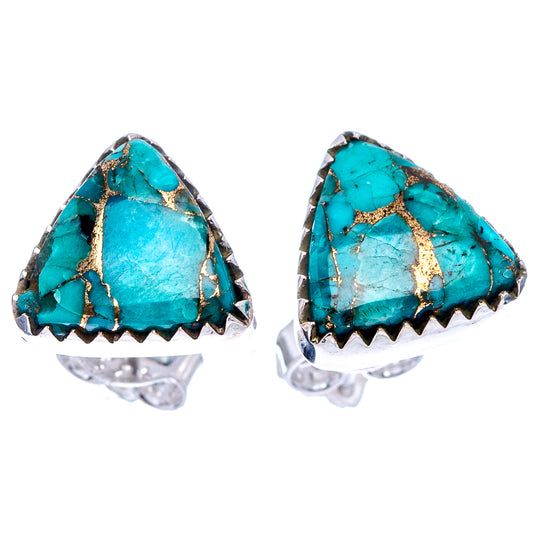 Turquoise copper teardrop earrings with gold matrix lines, serrated bezel silver hooks