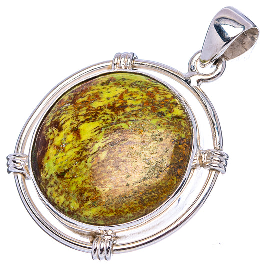 Sterling silver round pendant featuring yellow-green gaspeite cabochon and loop bail