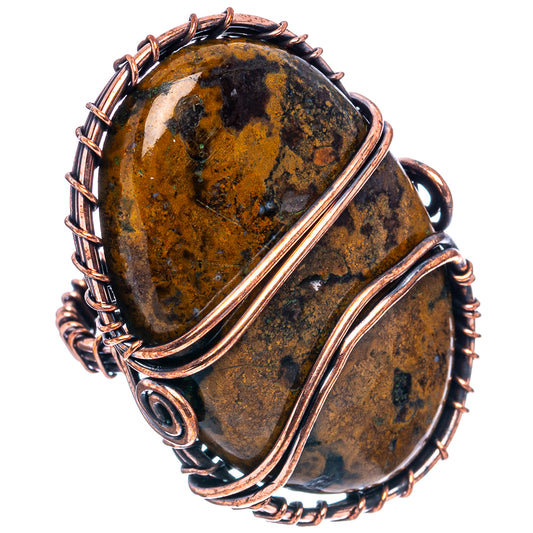 Oxidized copper wire-wrap ring with two oval brown and gold agate stones