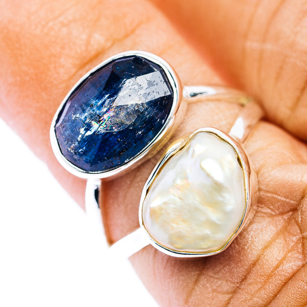 Faceted Kyanite, Baroque Pearl Ring Size 6 (.925 Sterling Silver)