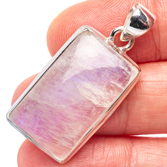 Rainbow moonstone pendant, .925 sterling silver rectangular bezel, pink iridescent sheen