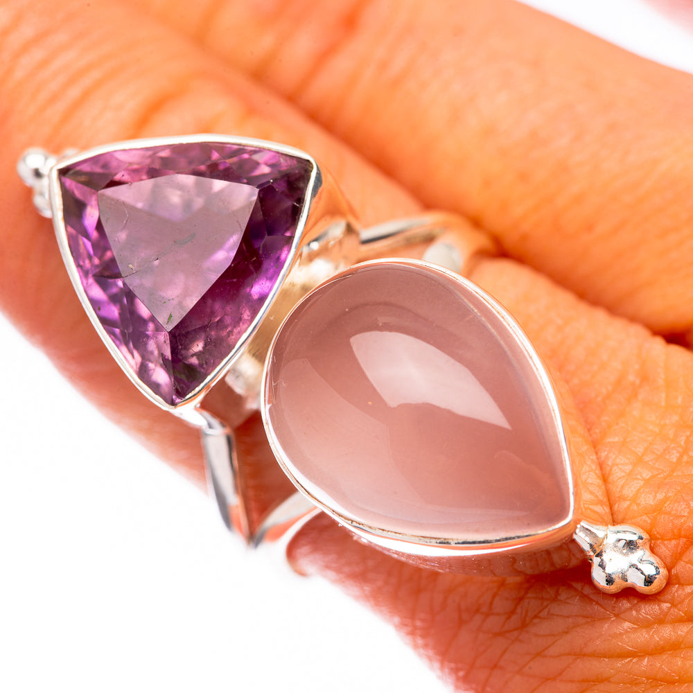 Sterling silver ring with purple amethyst triangle and pink rose quartz oval stones