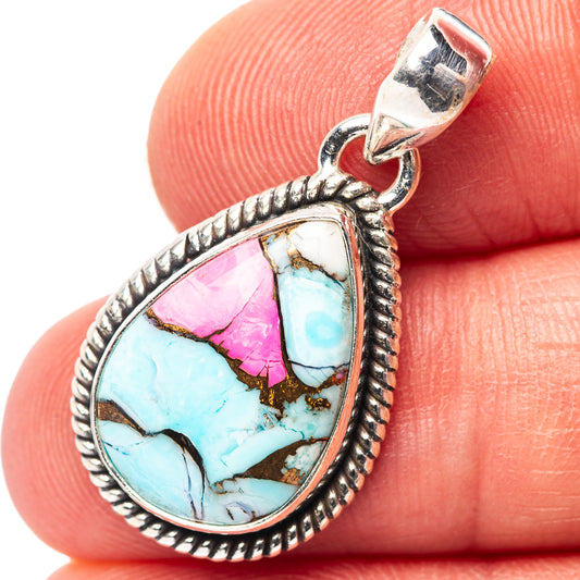 Turquoise teardrop pendant in .925 sterling silver with pink and blue inlay stone