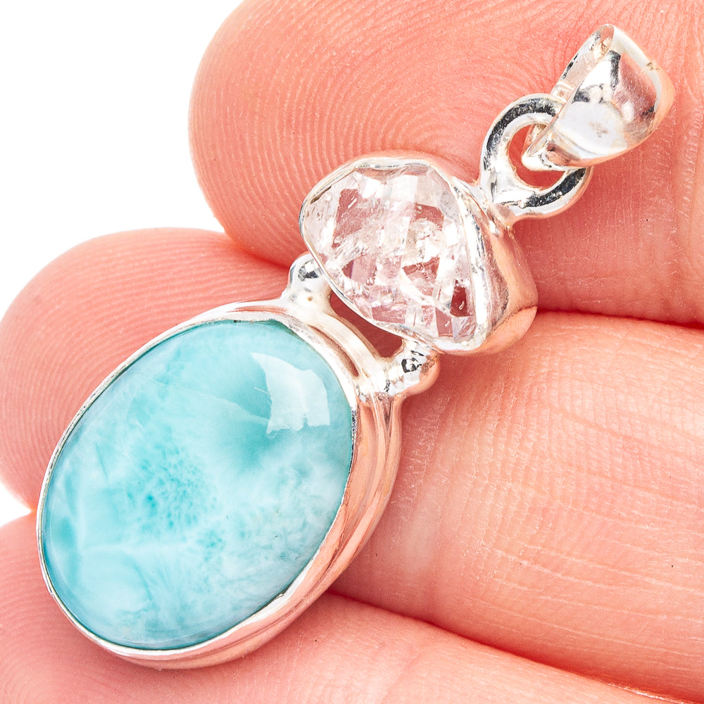 Larimar and Herkimer diamond pendant in 925 sterling silver, oval larimar with clear stones