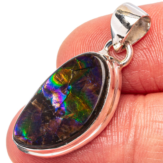 Sterling silver oval ammolite pendant with multicolor iridescent stone and bail