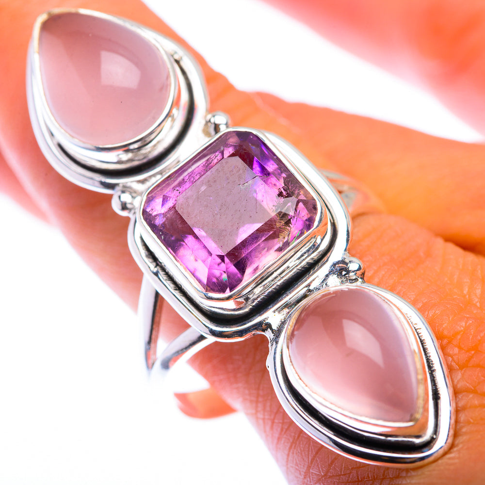 Sterling silver ring with purple amethyst square stone and two oval rose quartz cabochons