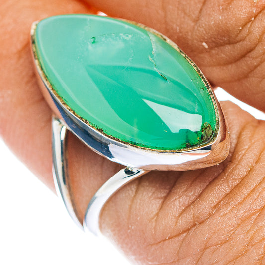 Chrysoprase ring with large oval green gemstone in polished sterling silver setting