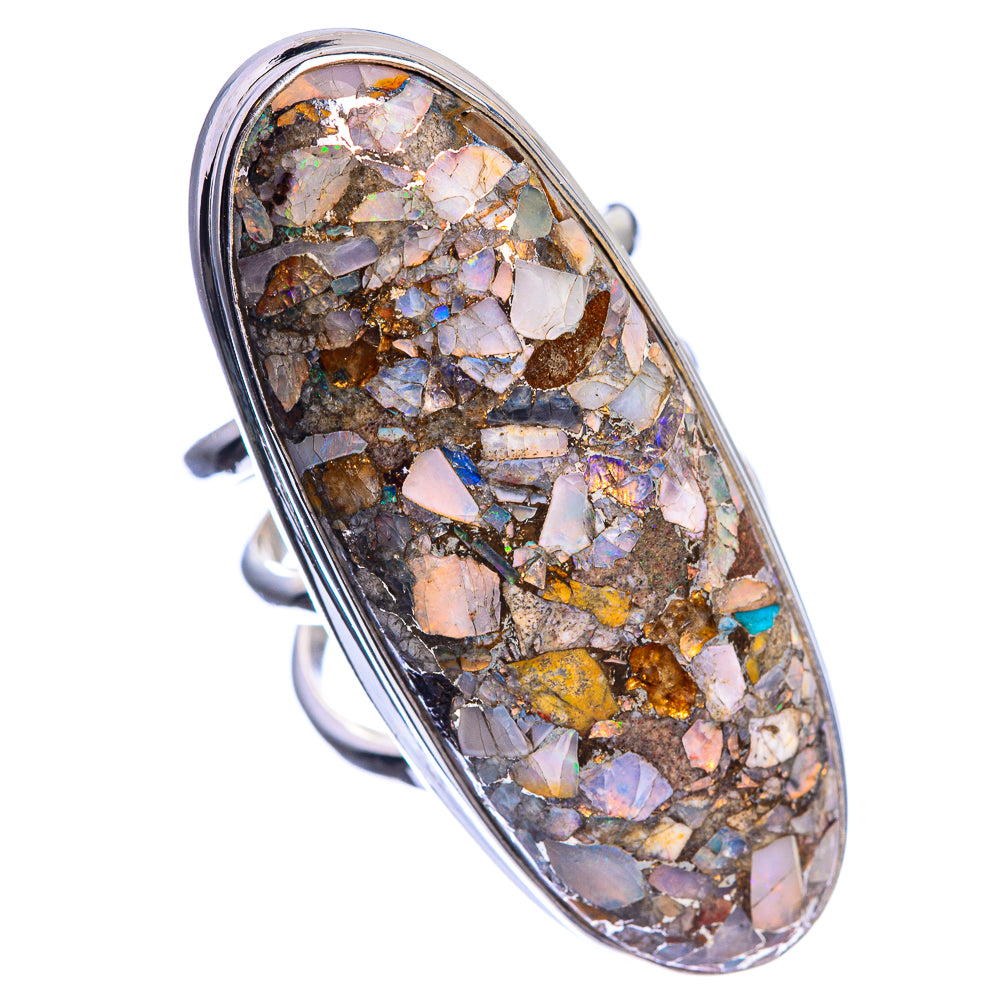 Sterling silver oval opal ring with multicolor mosaic stone and polished bezel