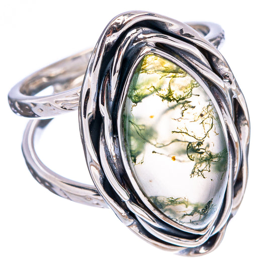 Sterling silver moss agate oval ring with green moss pattern and ornate braided bezel