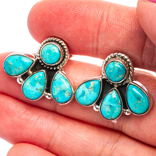 Turquoise drop cluster earrings in .925 sterling silver, rope bezel with five teal stones