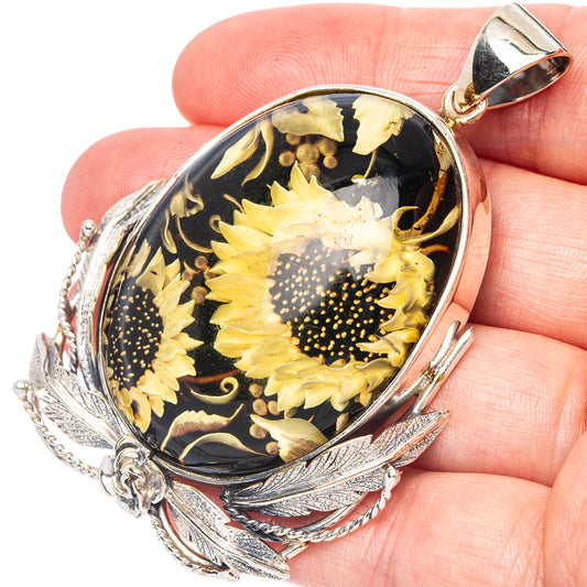Amber Intaglio Sunflower Pendant 2 5/8" (925 Sterling Silver) P42592