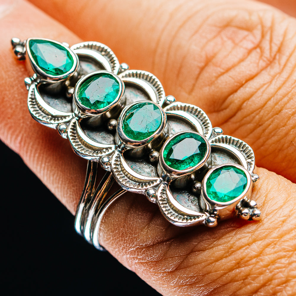 Exclusive 5-Gemstone Faceted Zambian Emerald Ring Size 8 (.925 Sterling Silver)