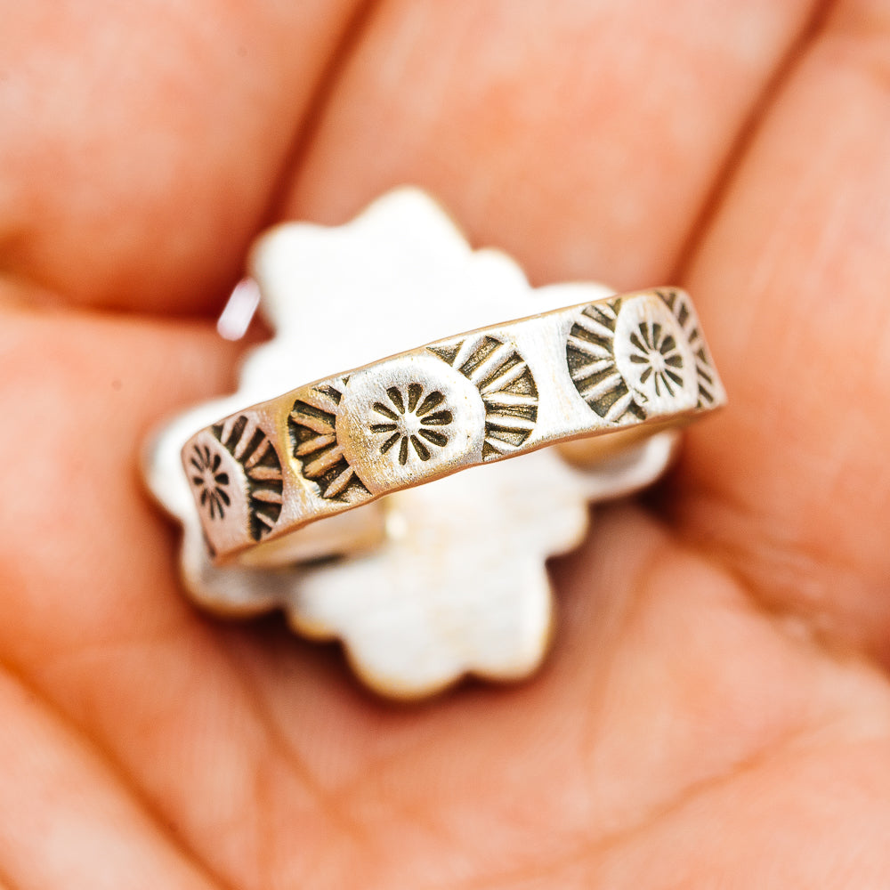 Engraved sterling silver band ring with geometric side pattern and heart silhouette