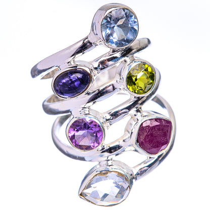 Sterling silver multi-gemstone ring showing round purple and blue stones with yellow accents