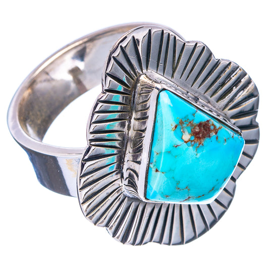 Turquoise bezel ring with sculpted silver sunburst band, adjustable cuff style