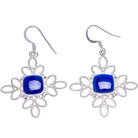 Square lapis lazuli earrings in .925 sterling silver with floral filigree and dangle hooks