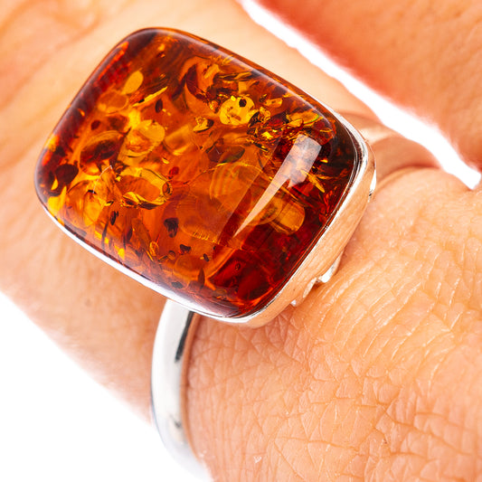 Adjustable .925 sterling silver ring with rectangular Baltic amber cabochon