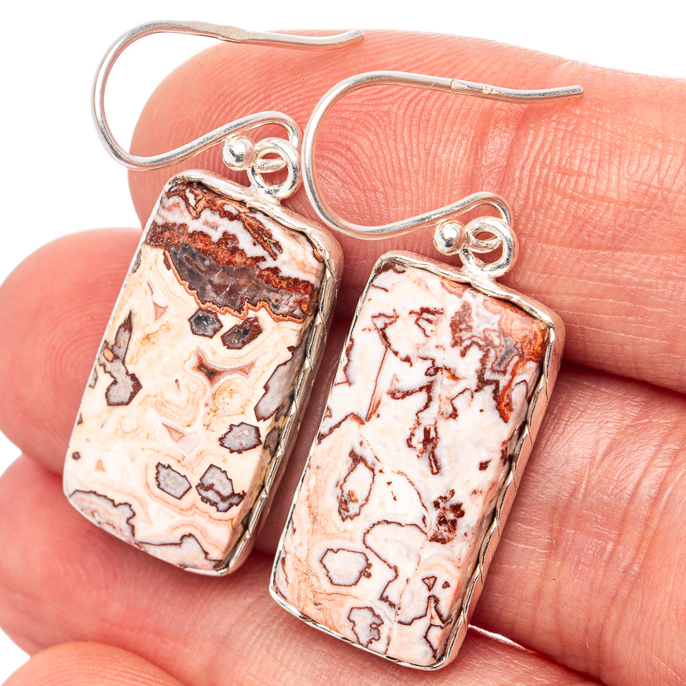 Sterling silver crazy lace agate earrings with rectangular stones, multicolor lace veining