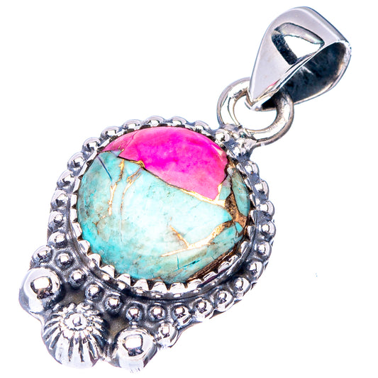 Turquoise and pink cabochon sterling silver pendant with ornate bead border