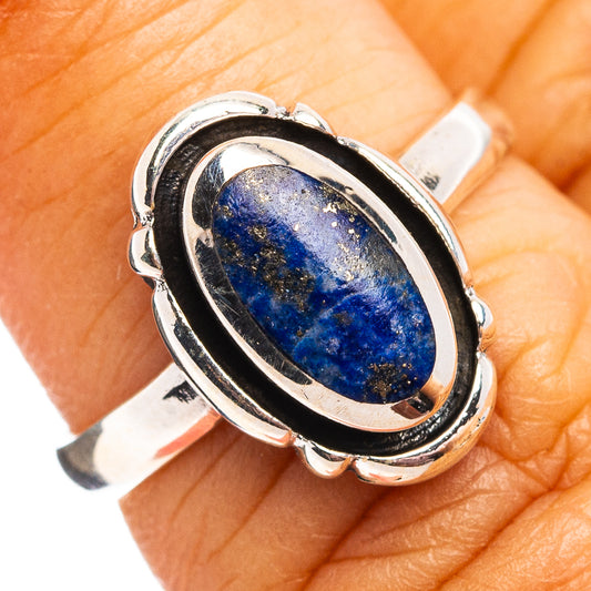 Oval sodalite ring in .925 sterling silver, dark blue stone in black bezel