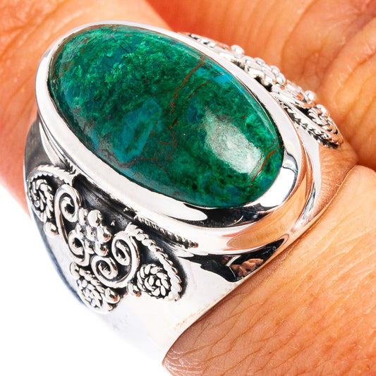 Sterling silver chrysocolla ring with oval green gemstone and ornate filigree band