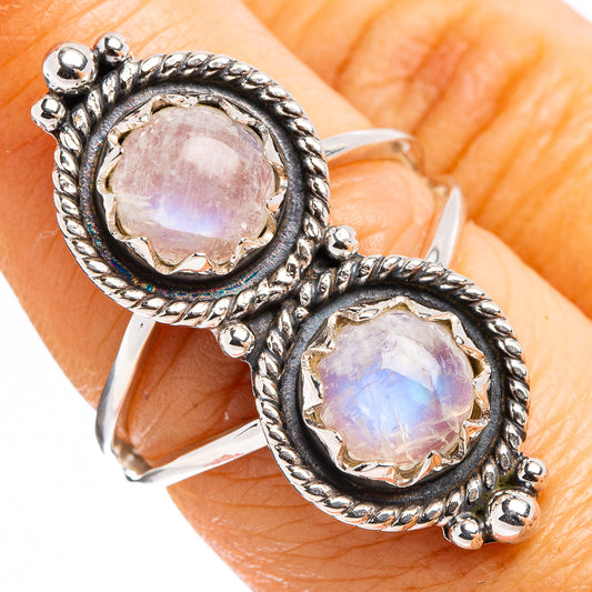 925 sterling silver moonstone ring, two oval rainbow stones in braided bezels