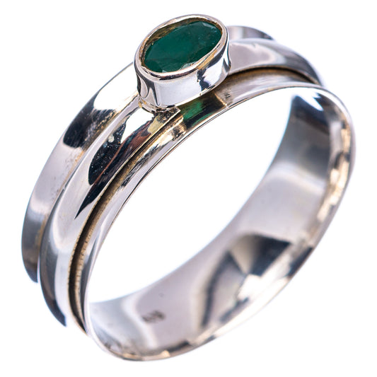 Sterling silver emerald ring, oval green stone in front bezel; wide band